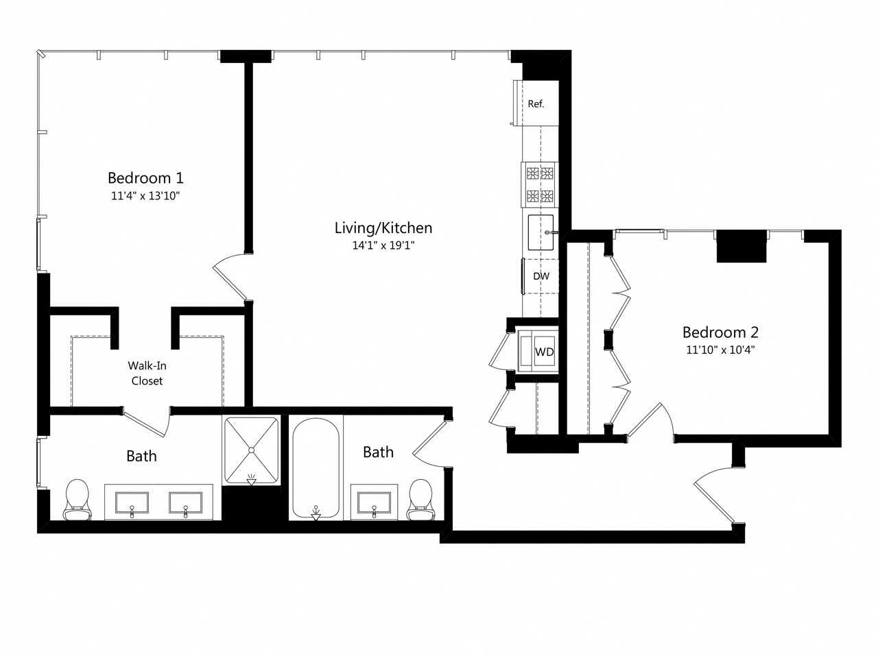 Floor plan for 2 beds, 2 baths, 1004 sqft
